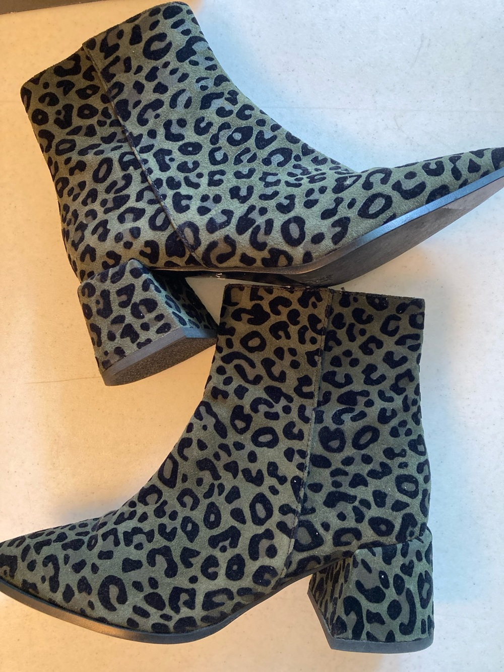 Leopard Print Italian Leather Block Heel Ankle Boots - Olive/Black